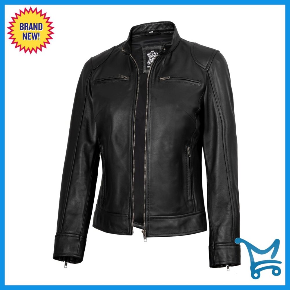 Real Lambskin Leather Jacket Cafe Racer Style Stand Collar Zip Closure